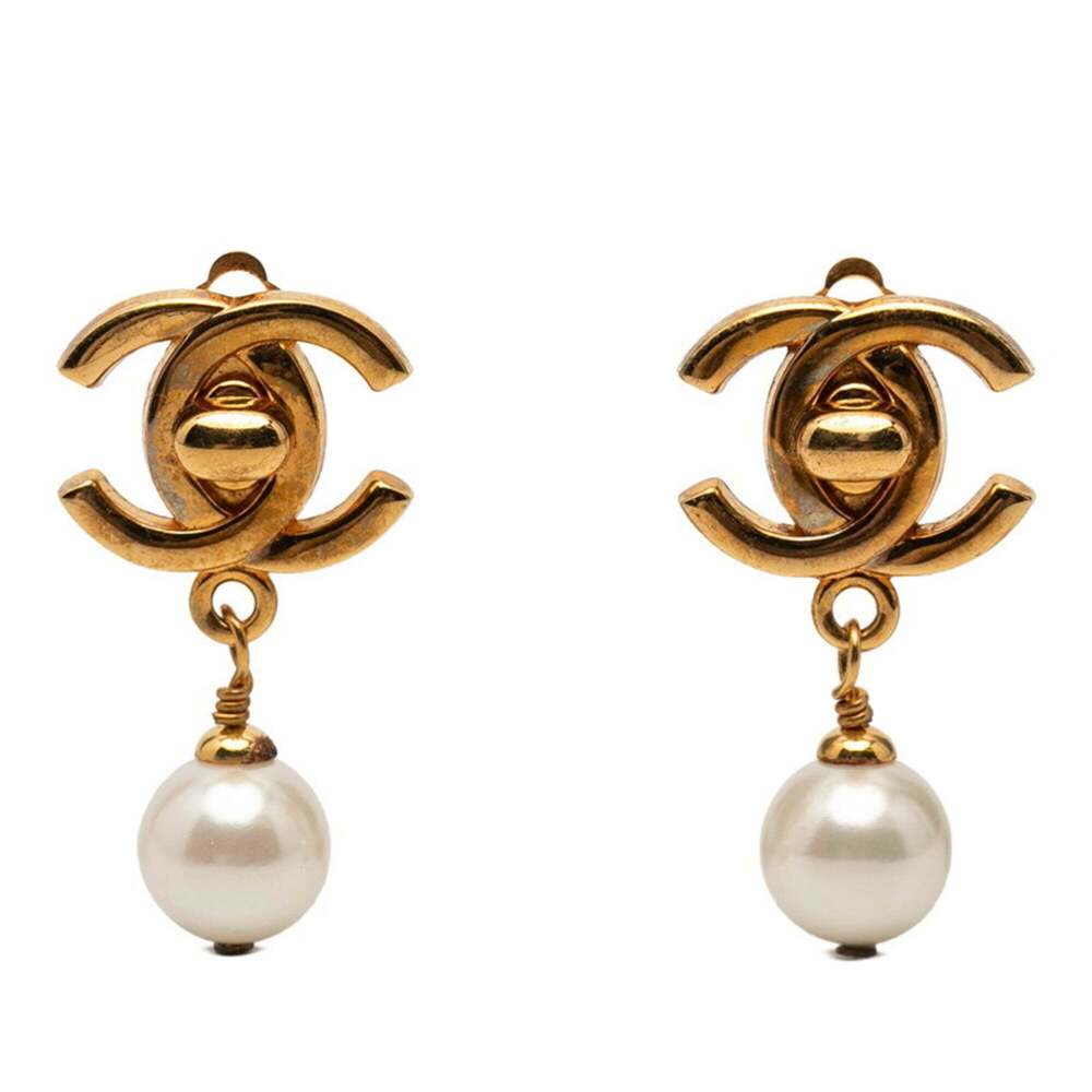 CHANEL Vintage Gold Pearl Logo Earrings - Picture 1 of 3